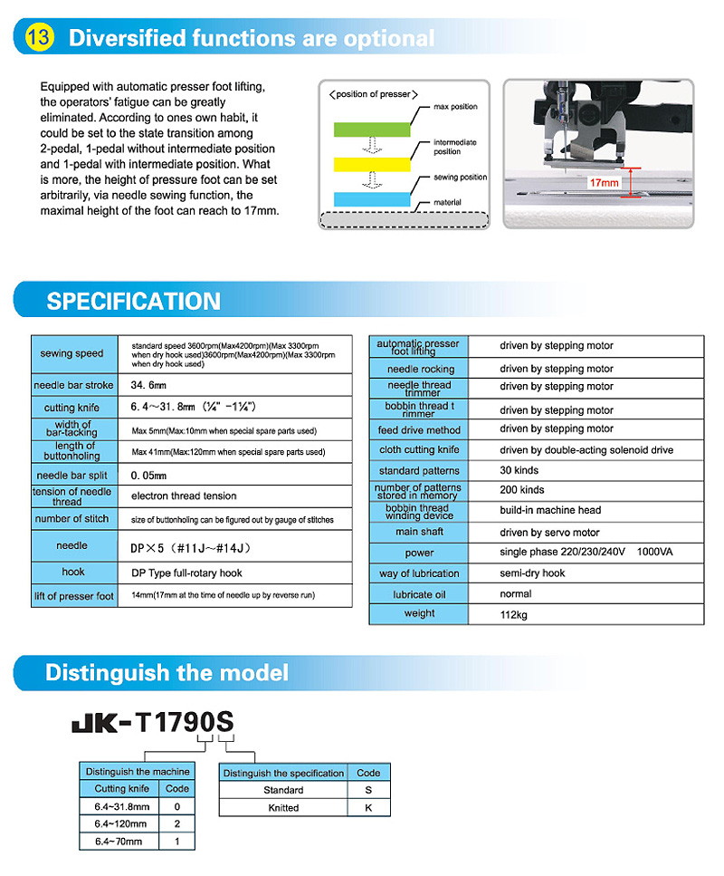 JACK JK-T1790 Electronic Button Hole Sewing Machine